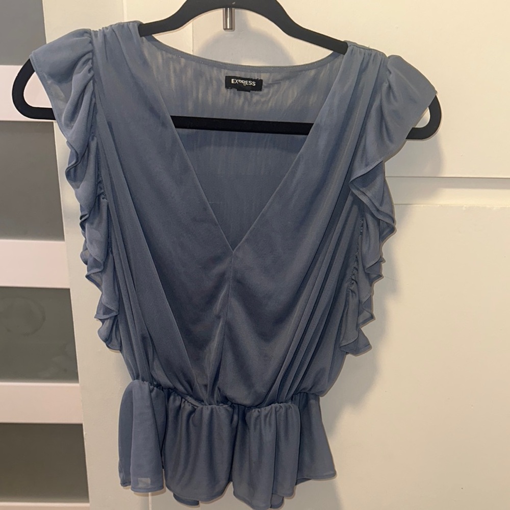 Express Gray Ruffled Cap Sleeve Wrap Blouse